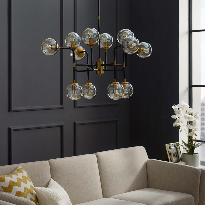 Ambition Amber Glass And Antique Brass 12 Light Pendant Chandelier