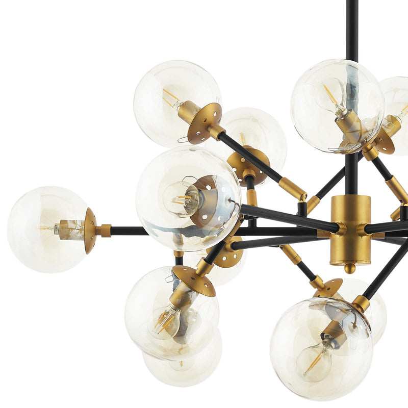 Sparkle Amber Glass And Antique Brass 18 Light Mid-Century Pendant Chandelier