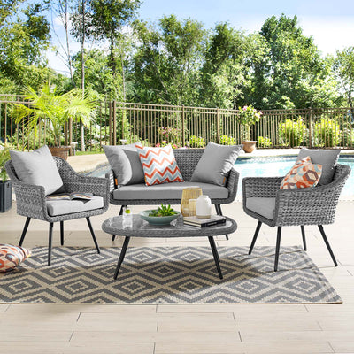 Endeavor 4 Piece Outdoor Patio Wicker Rattan Loveseat Armchair and Coffee Table Set