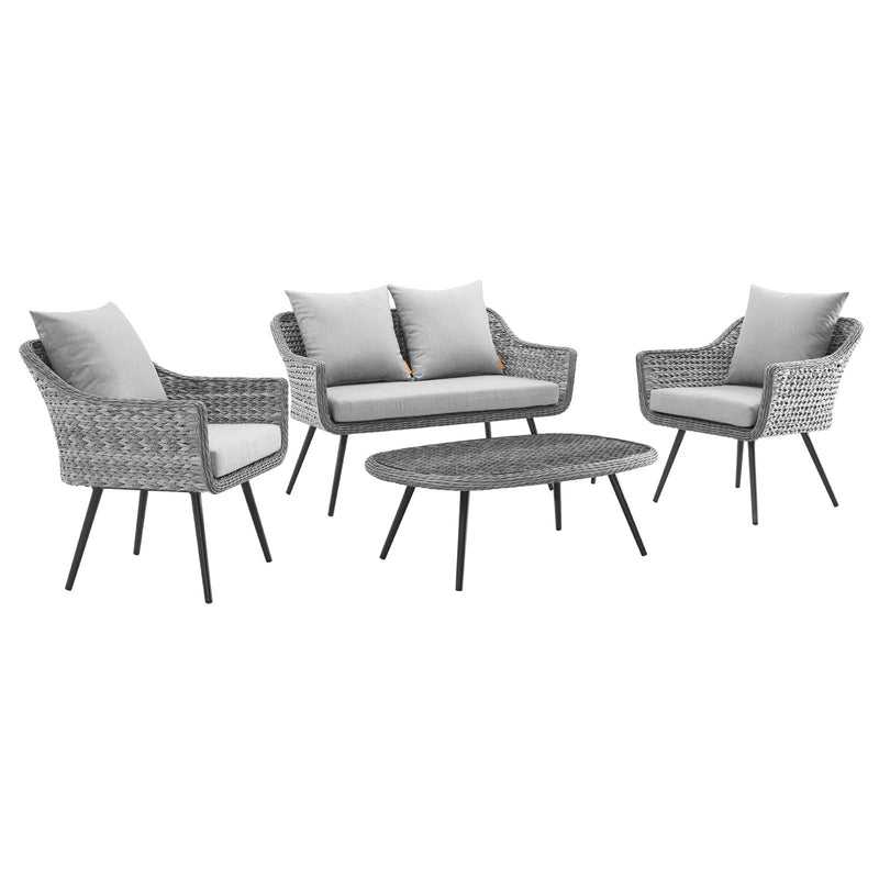 Endeavor 4 Piece Outdoor Patio Wicker Rattan Loveseat Armchair and Coffee Table Set