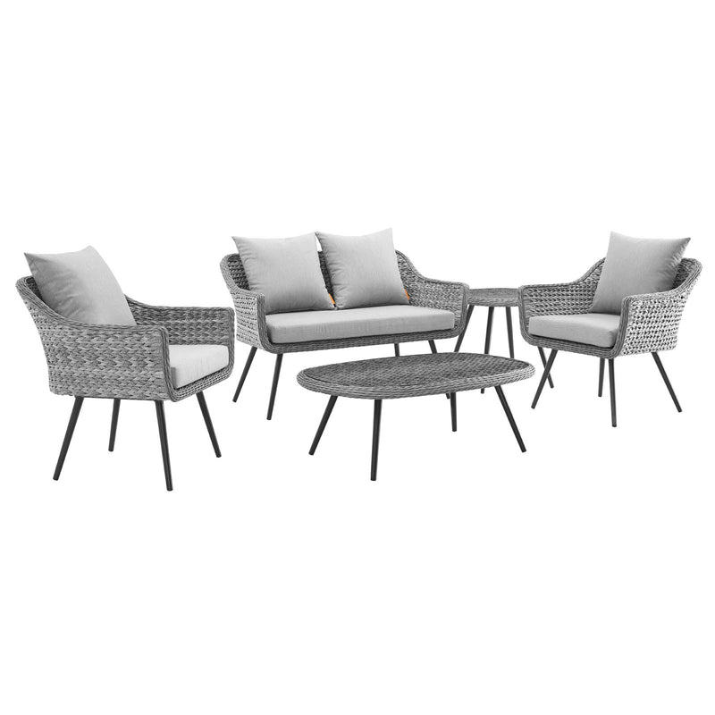 Endeavor 5 Piece Outdoor Patio Wicker Rattan Loveseat Armchair Coffee Table and Side Table Set