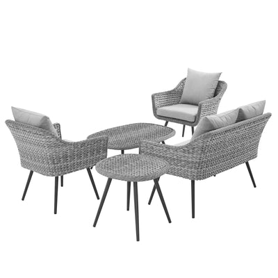 Endeavor 5 Piece Outdoor Patio Wicker Rattan Loveseat Armchair Coffee Table and Side Table Set
