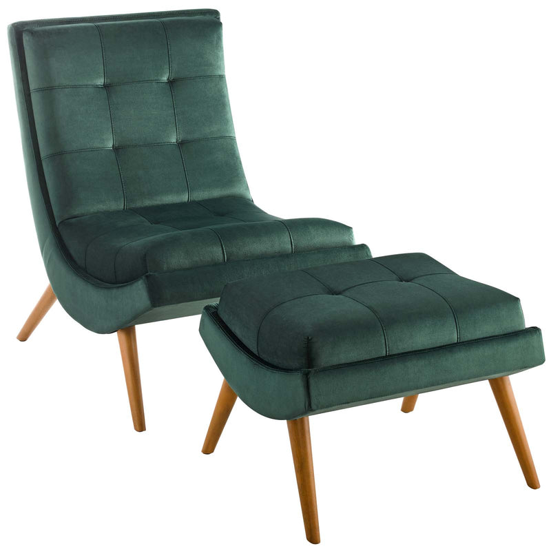 Ramp Upholstered Performance Velvet Lounge Chair and Ottoman Set