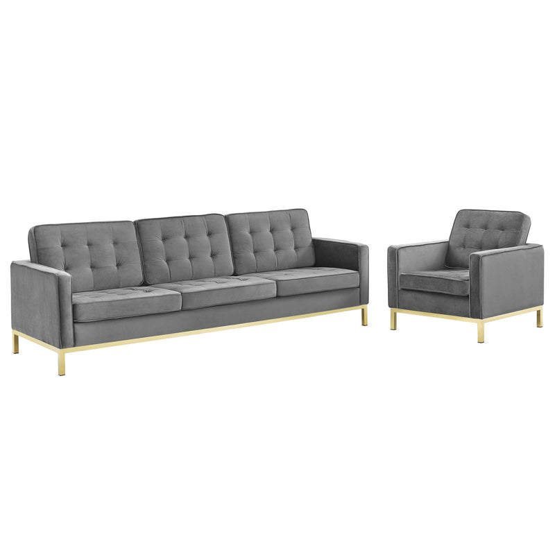 Loft Gold Stainless Steel Leg Performance Velvet Sofa and Armchair Set