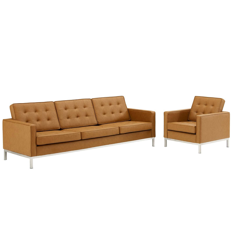 Loft Tufted Upholstered Faux Leather Sofa and Armchair Set